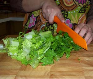 Cutting lettuce for tomorrow's shrimp salad!